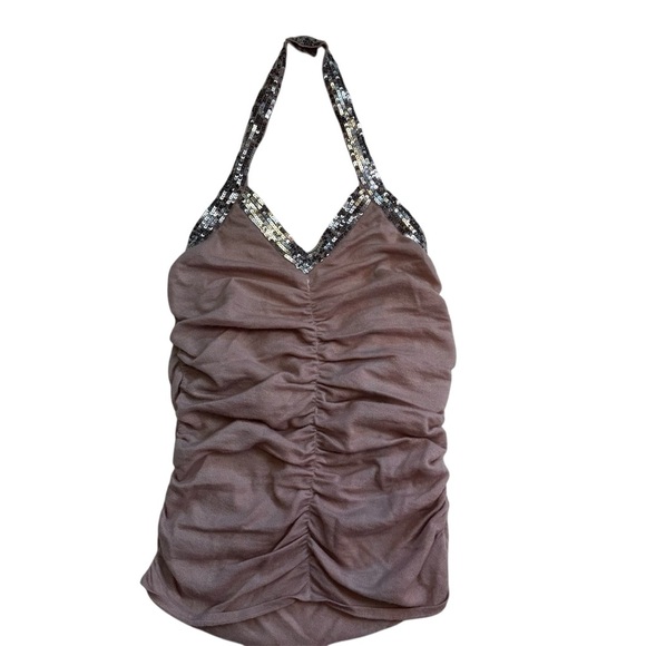 LaROK Cashmere Halter Top Size Medium Dusty Pink Mauve Sequin Trim Ruching NWOT - Picture 3 of 12